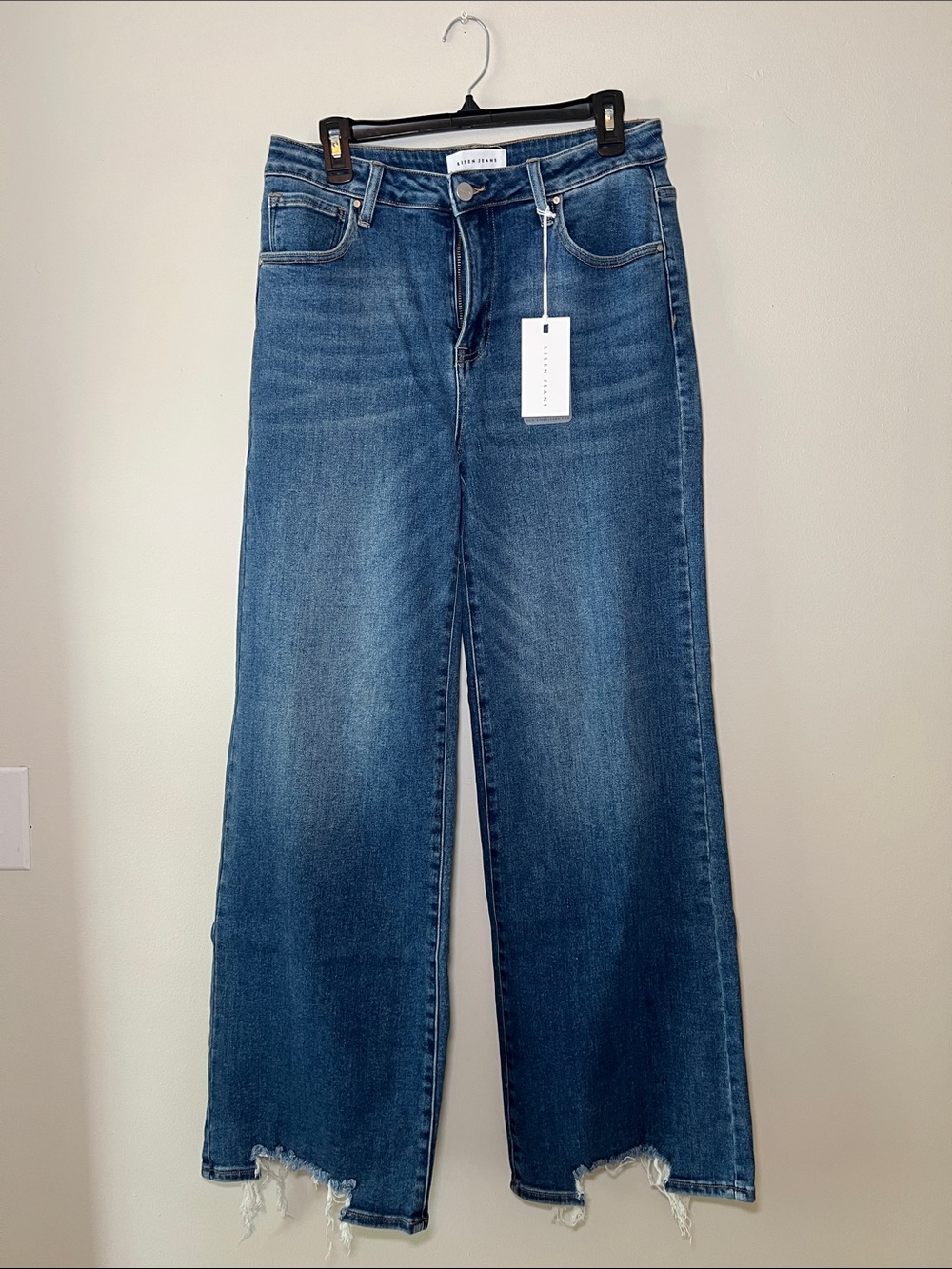 Risen Jeans High Rise Wide Leg Distressed Hem Blue Denim Jeans